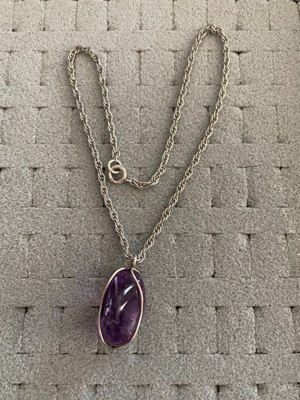 Vintage Sterling Silver Necklace Amethyst Pendant Handmade OOAK 1960s 1970s 16"